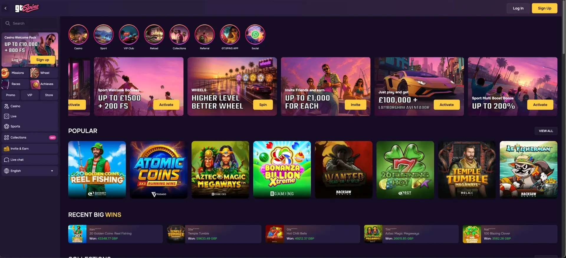 GTspins casino home page and game lobby