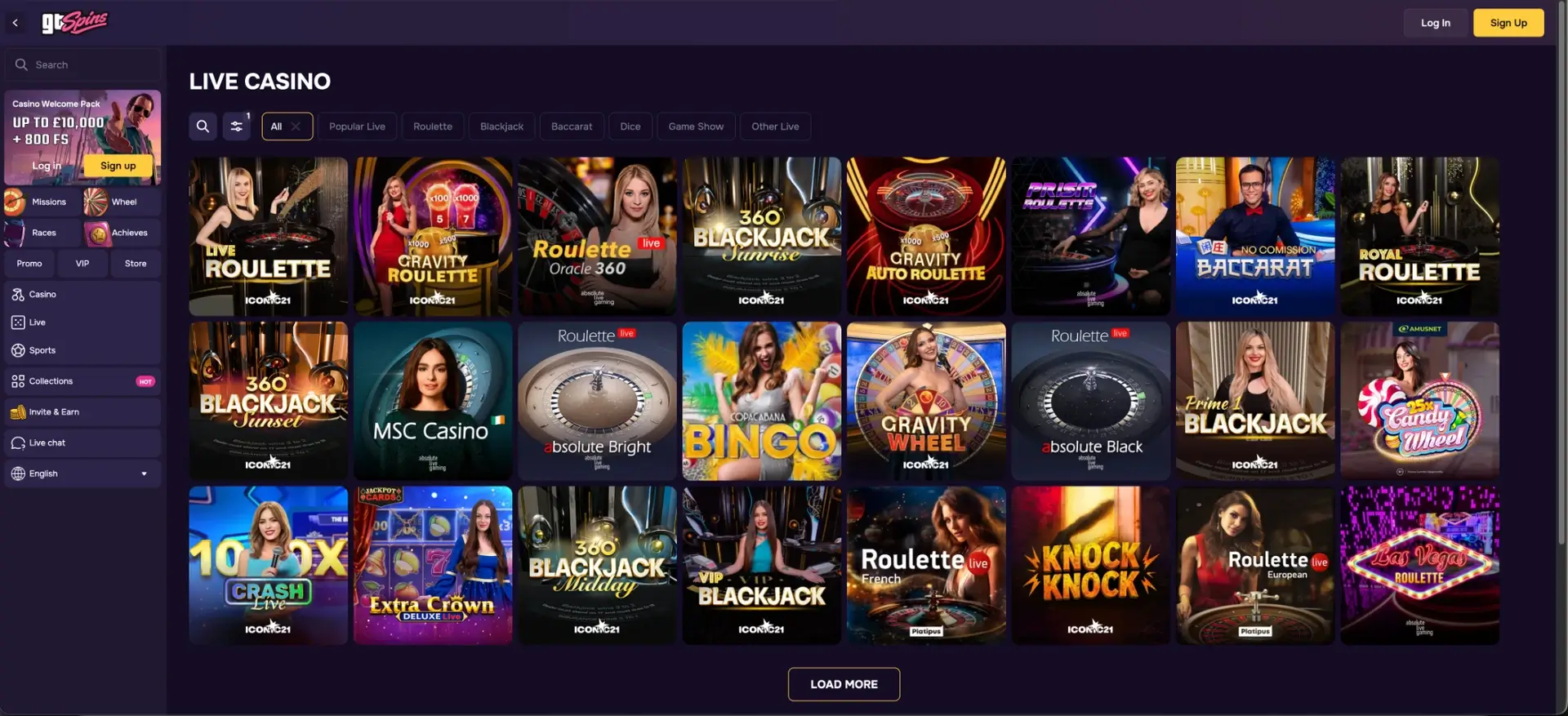 GTspins live casino lobby