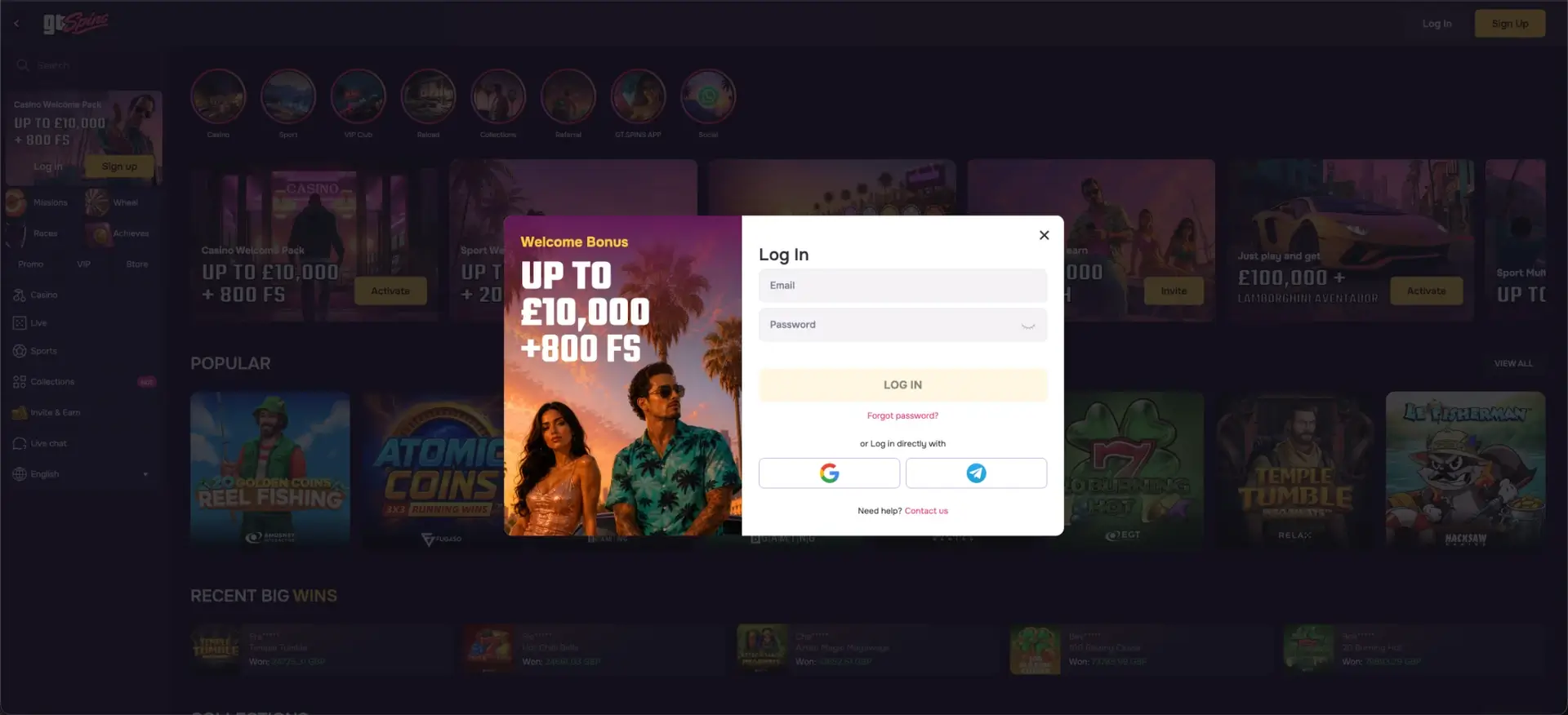 GTspins casino login screen