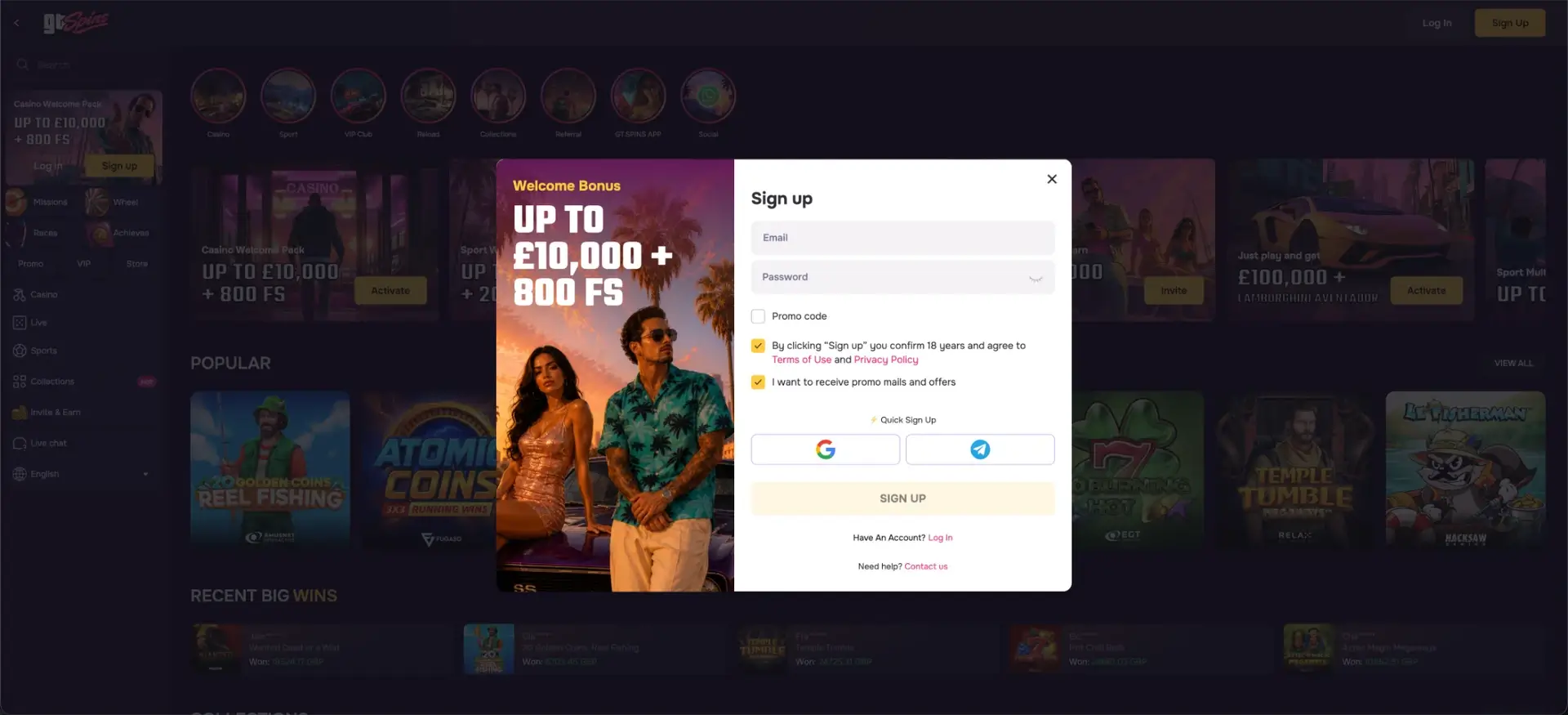 GTspins casino registration screen
